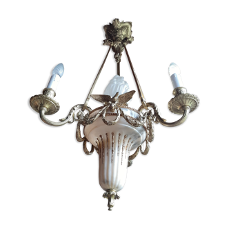 Lustre style Empire d'epoque Napoléon 3 bronze albâtre 4 feux