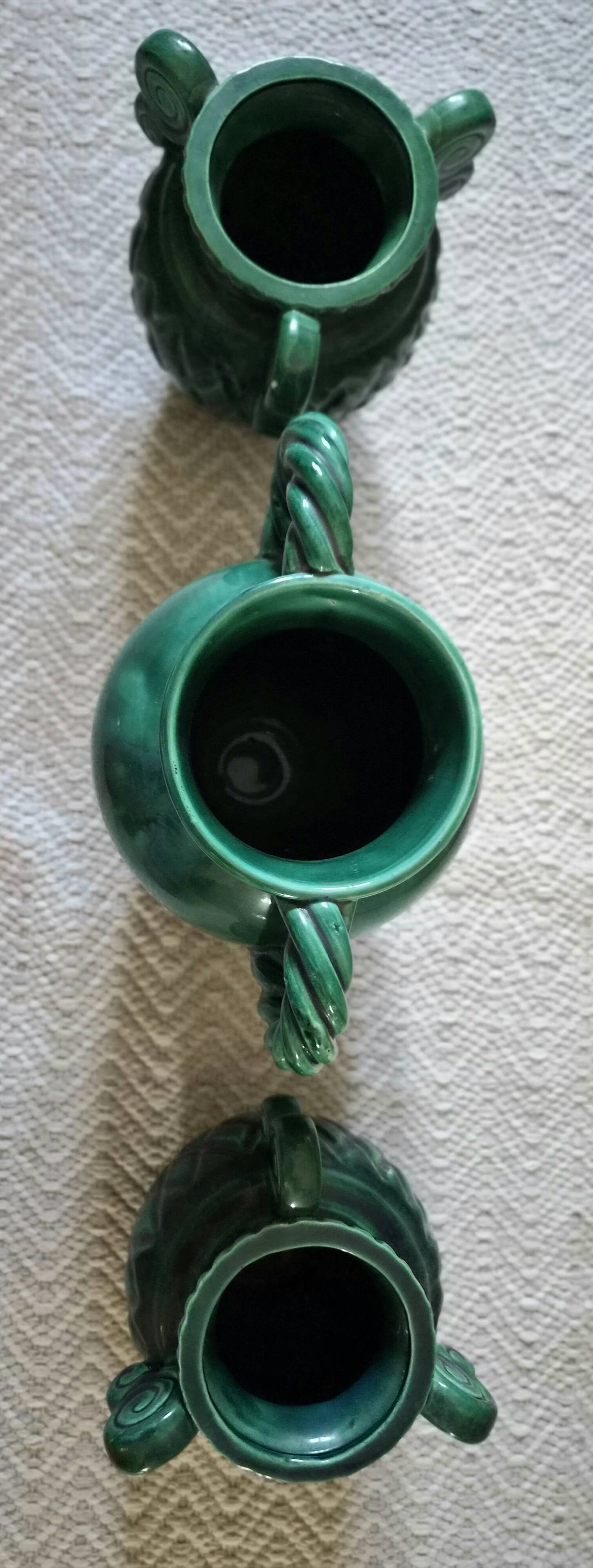 Vintage Vallauris trio of emerald green vases from the 50s/60s.