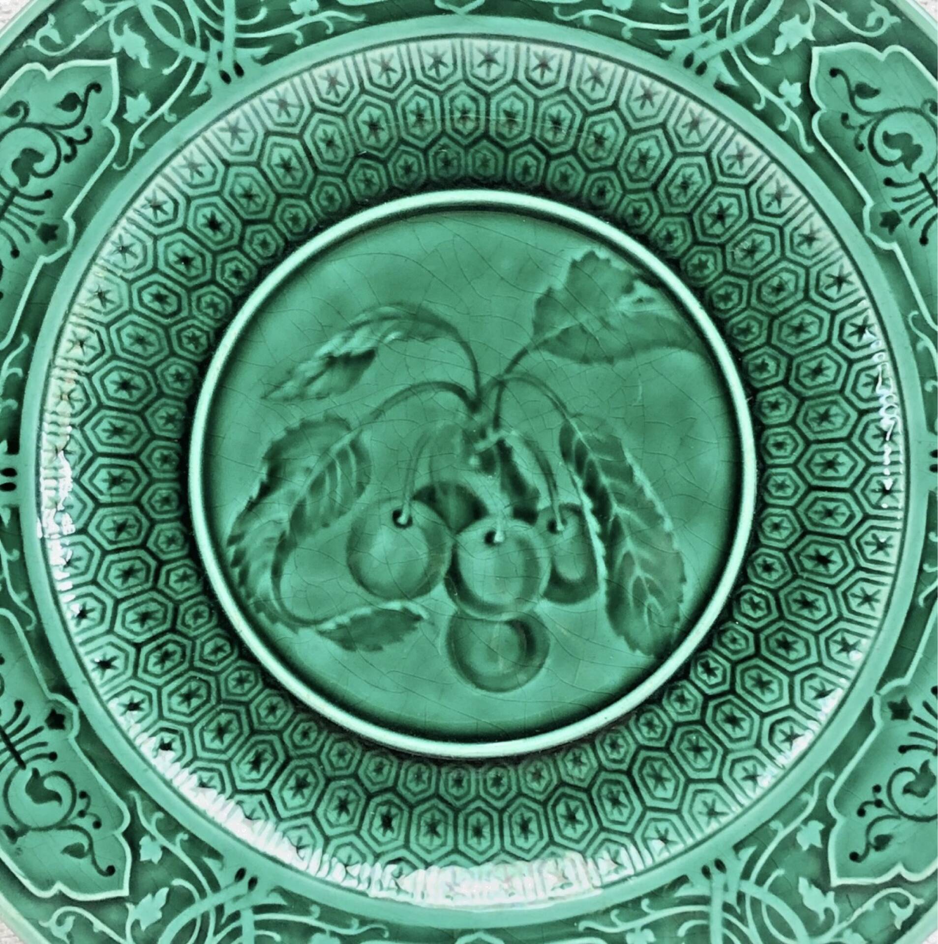 3 fruit plates Sarreguemines majolica shaded enamel Rubelles