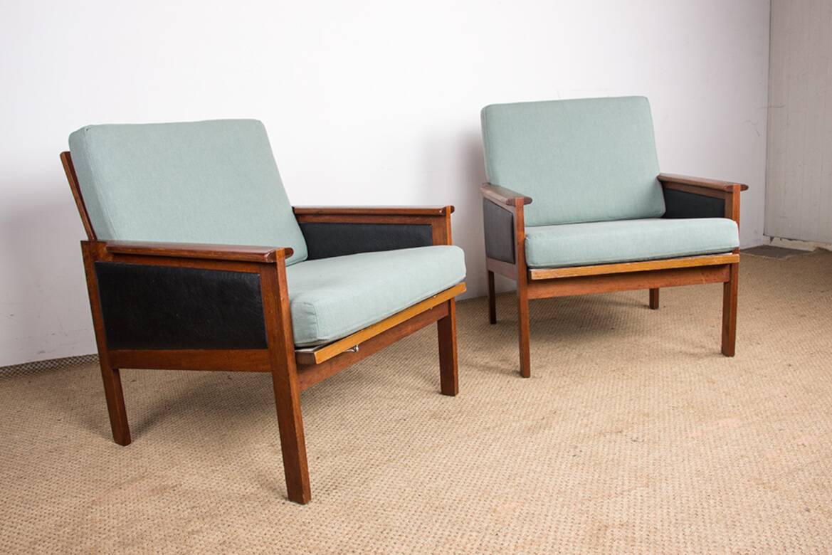 Pair of Danish Armchairs in Teak, fabric and leather, model N°4 Capella Illum Wikkelsø/Niels Eilersen.