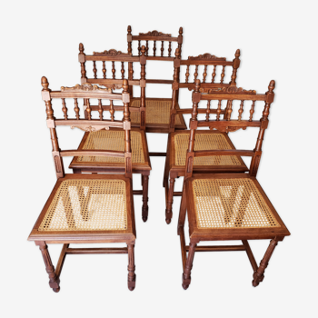 5 chaises vintages en bois tourné et cannage des années 1910