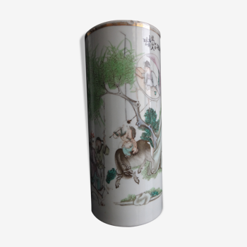 Vase rouleau en porcelaine de Chine famille verte avec poême 28cm XIX