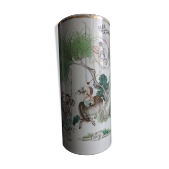 Vase rouleau en porcelaine de Chine famille verte avec poême 28cm XIX