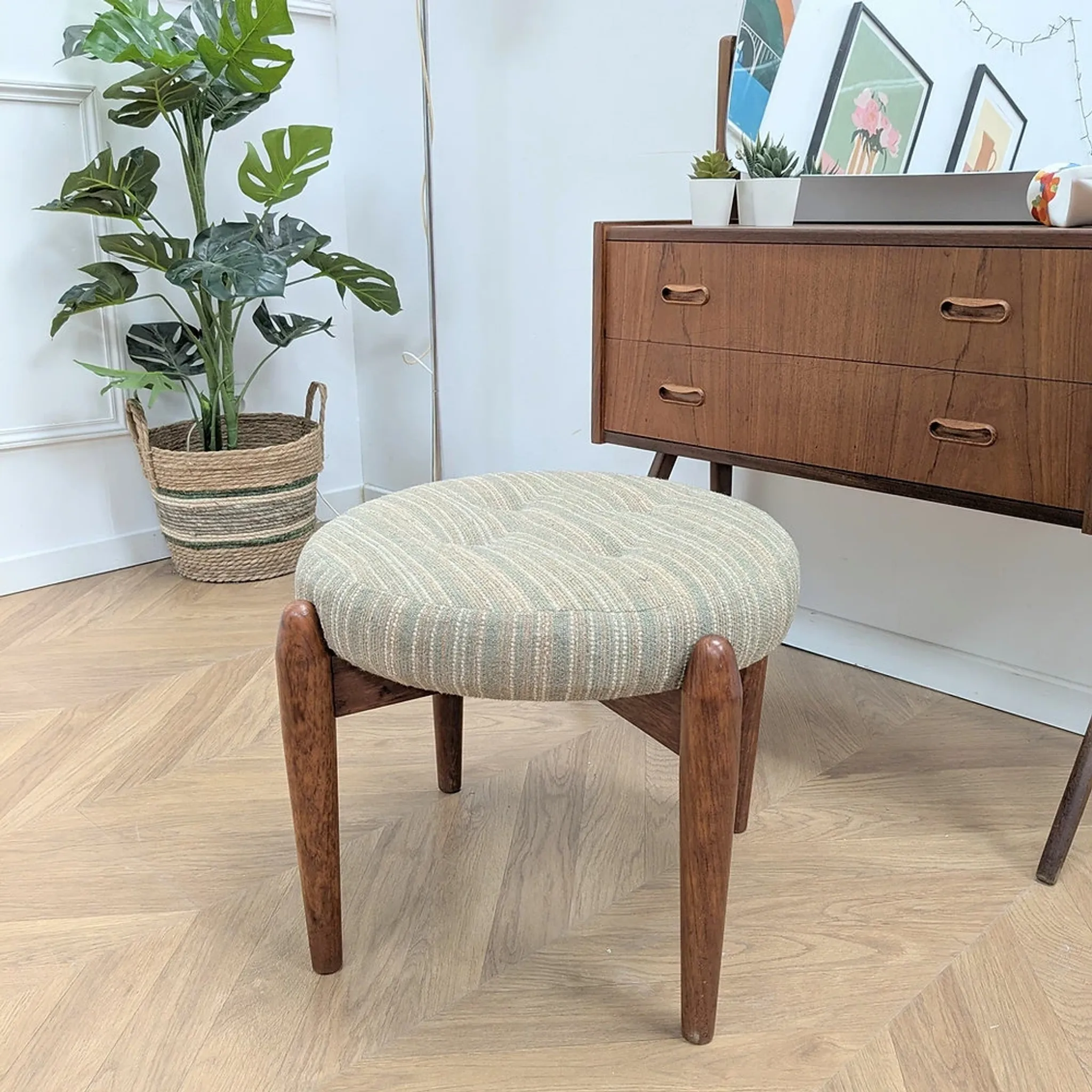 English stool in teak and cream fabric, 1960s