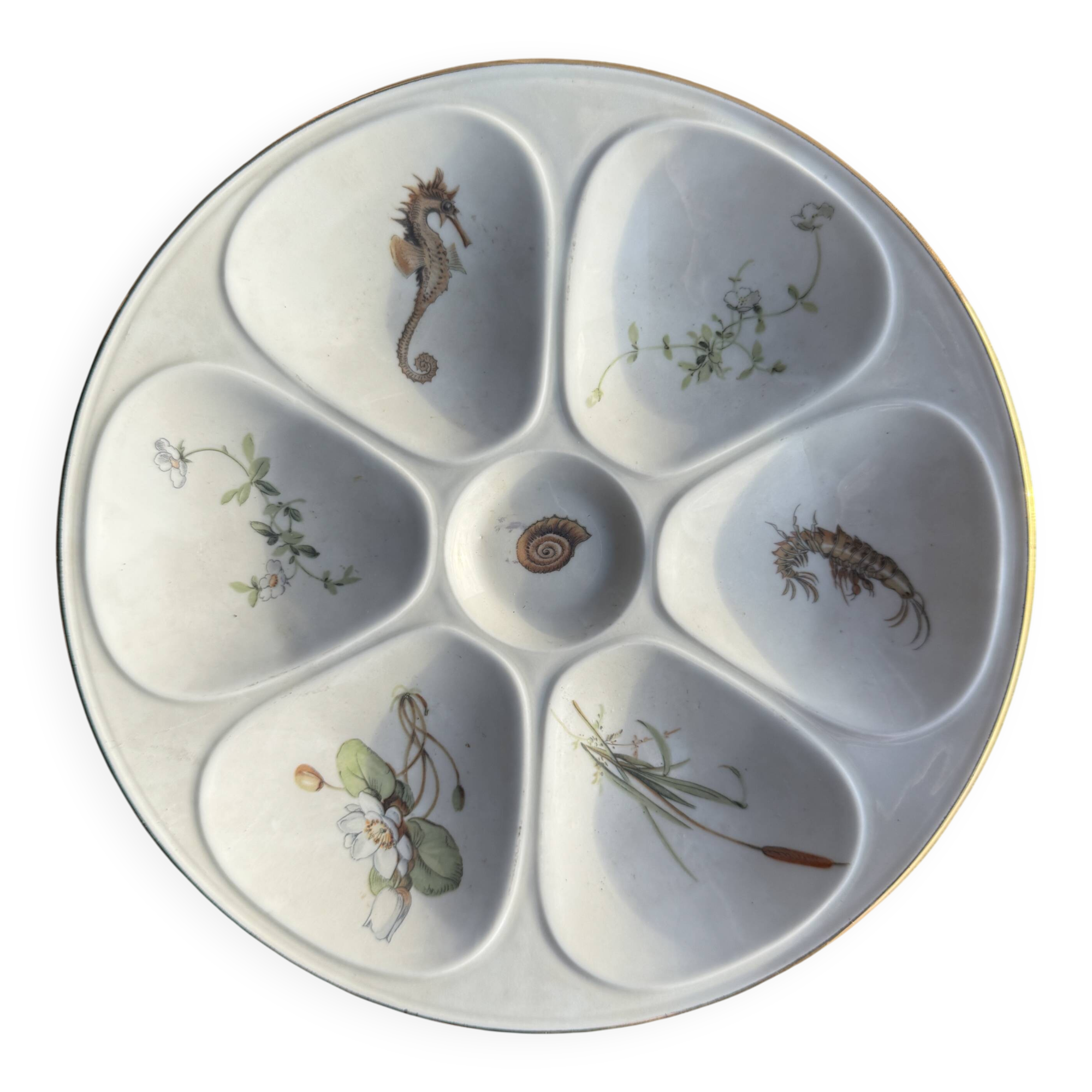 Set of 8 oyster plates or compartment plates, aquatic model Lourioux Fo.