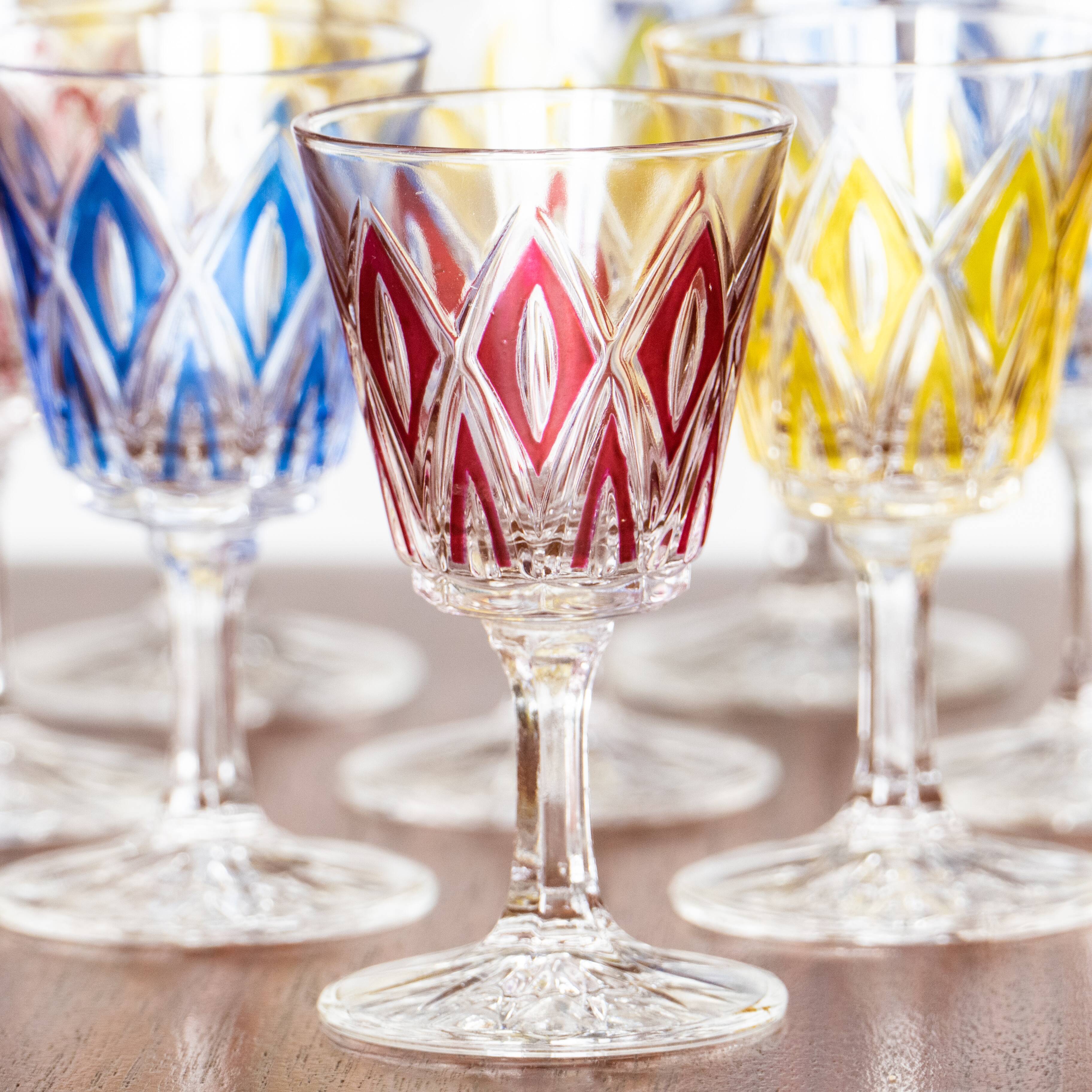 10 glasses with digestive Harlequin glassware of Reims multicolored