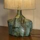Signed Brutalist ceramic lamp with linen shade 1950s
