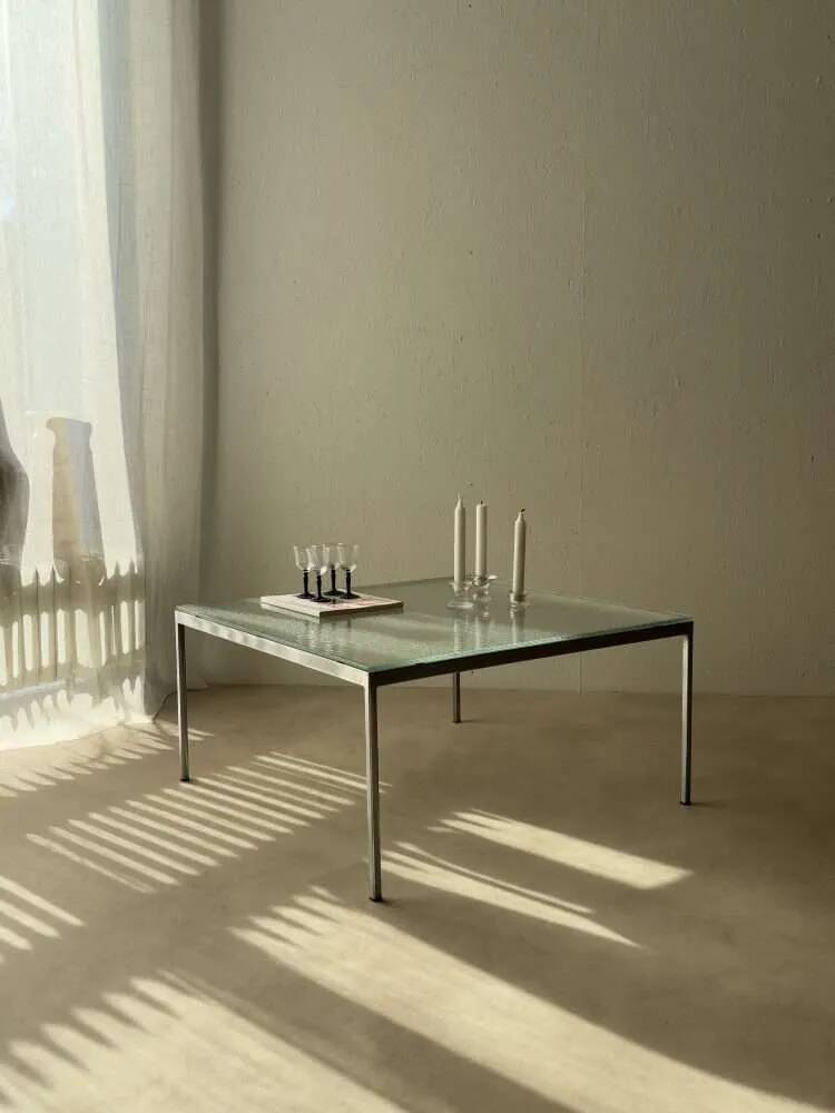 Minimalist 1960s wire glass coffee table in stainless steel.