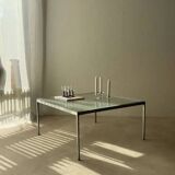 Minimalist 1960s wire glass coffee table in stainless steel.