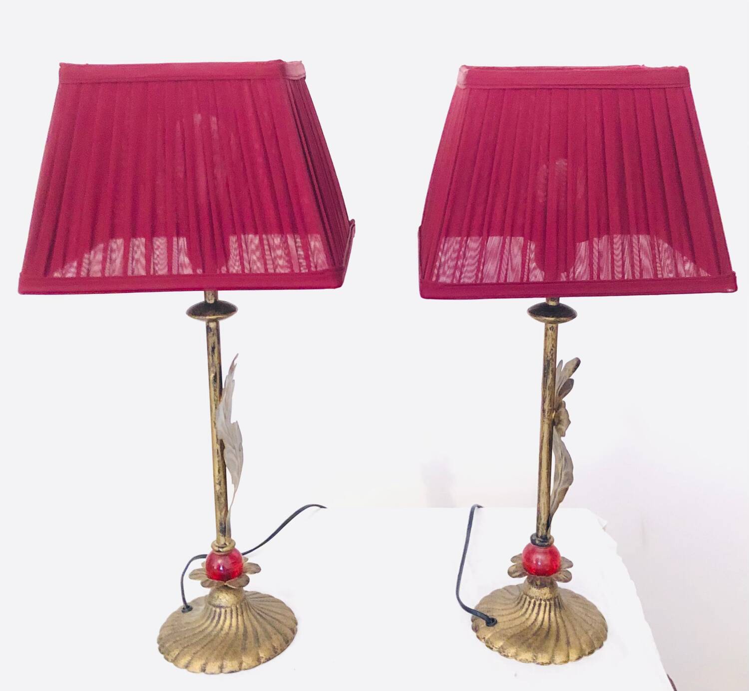 Pair of vintage golden acanthus leaf decorative lamps