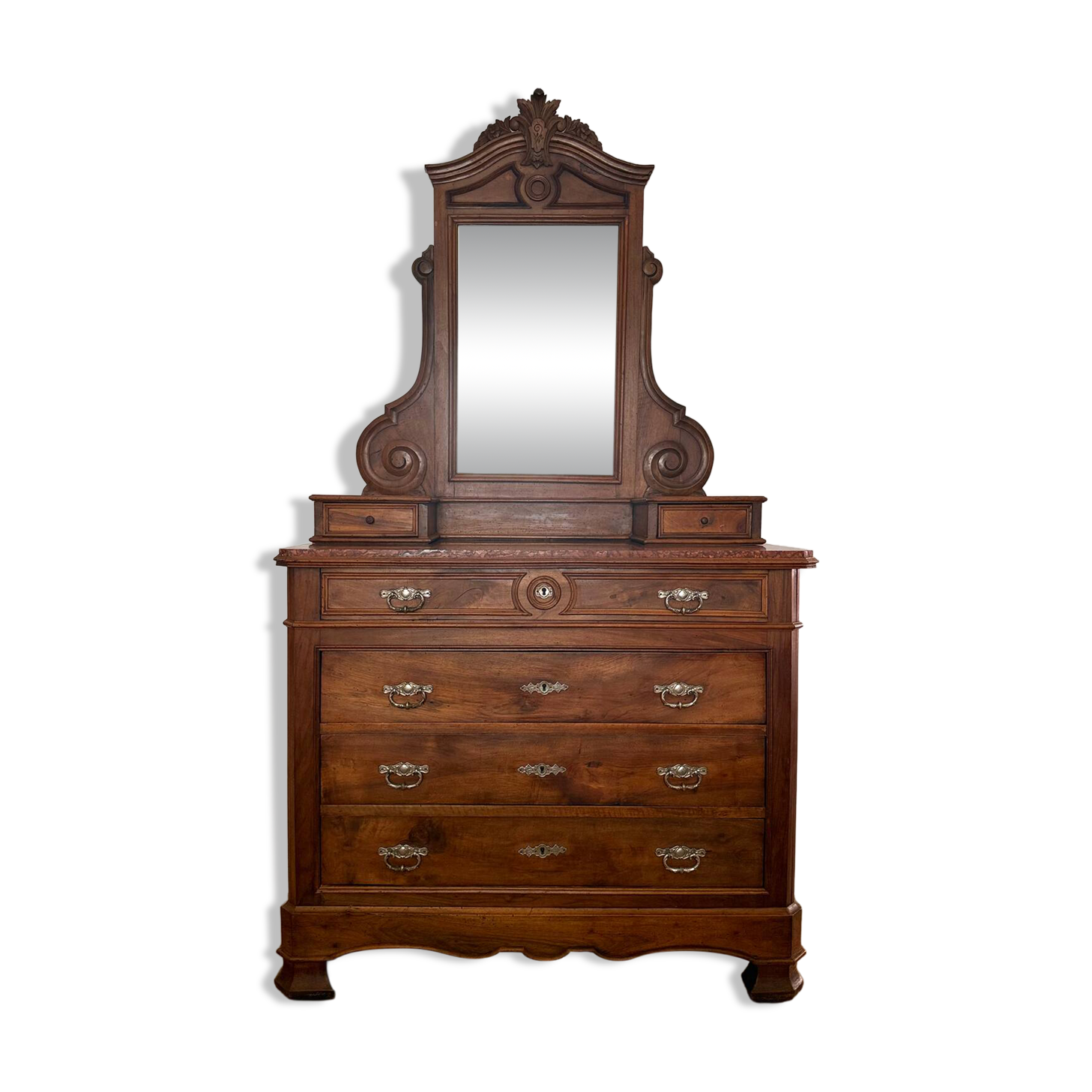 Louis-Philippe walnut commode with marble top and pediment mirror –