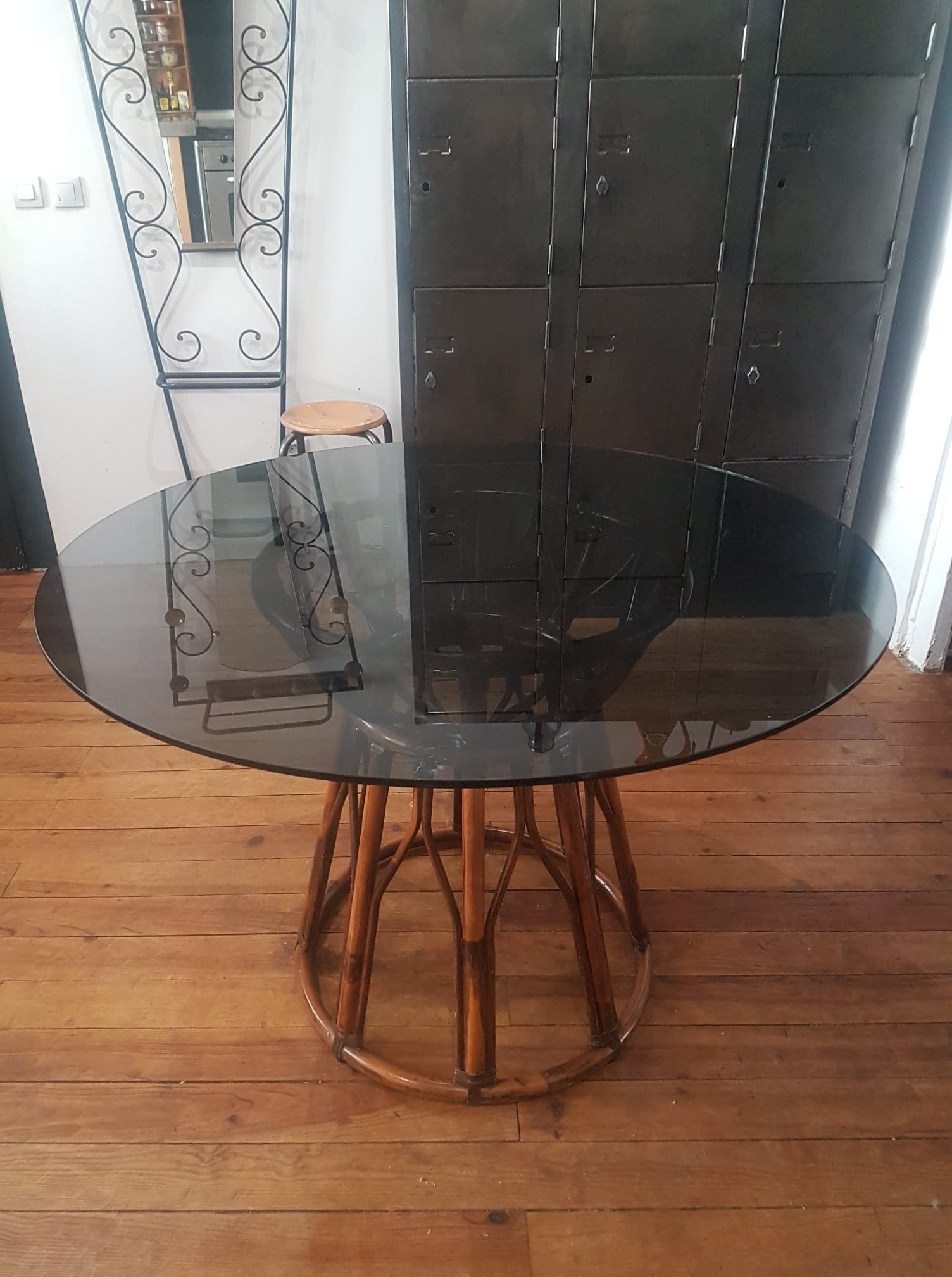 Rattan dining table and smoked glass