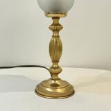 Vintage French Empire table lamp in gilded brass, opaline, pleated tulip, Belle Epoque