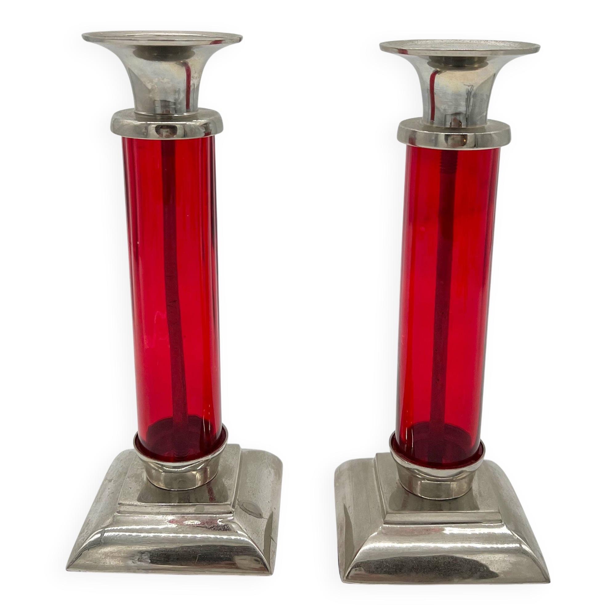 Pair of post-Bauhaus red candlesticks, 1930–50