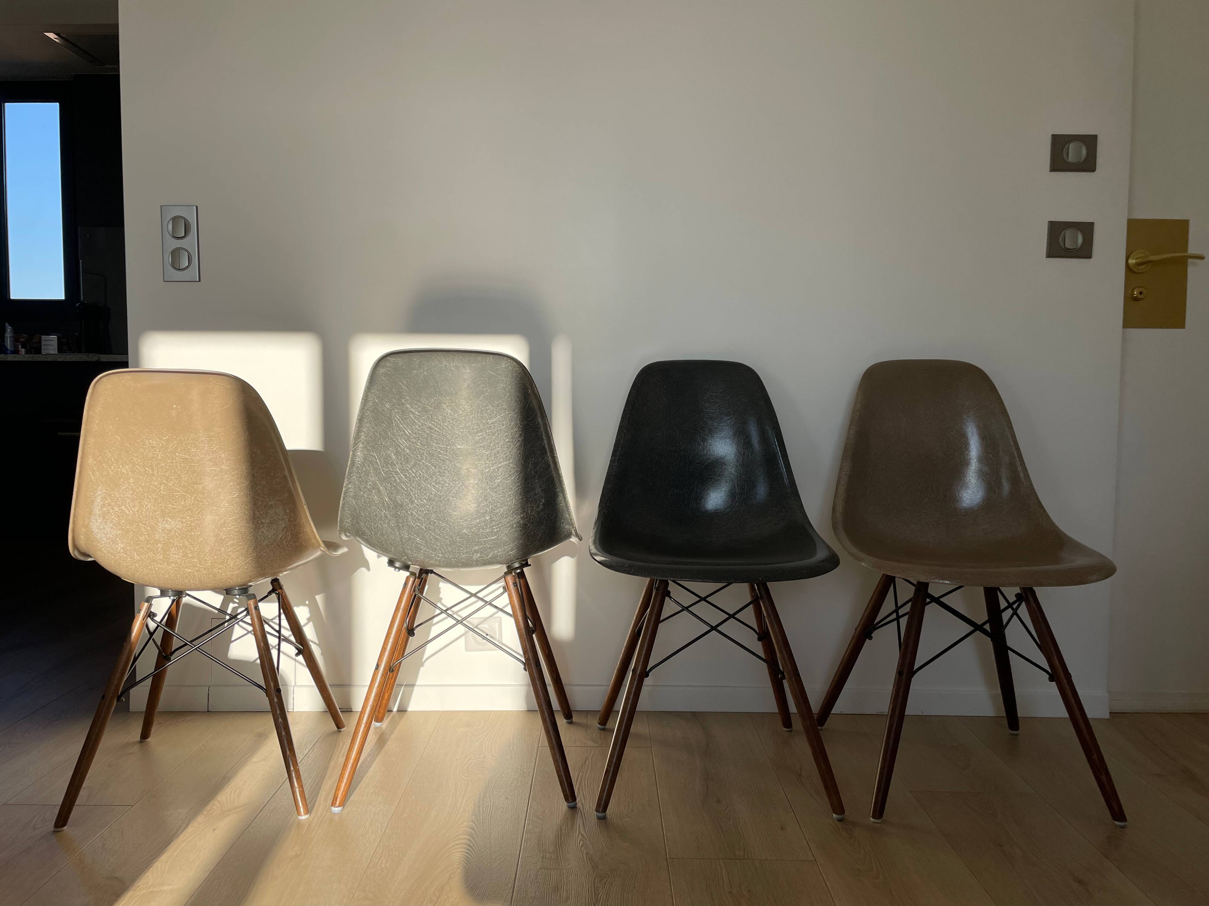 Lot of 6 Eames chairs from the 60s (4 colours) genuine fibreglass + new legs.