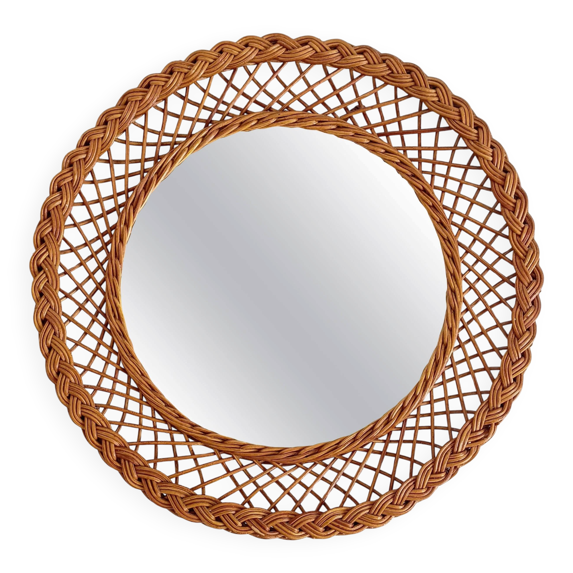 Rustic French Provence Wicker Round Mirror, Organic Modern, Handmade, France