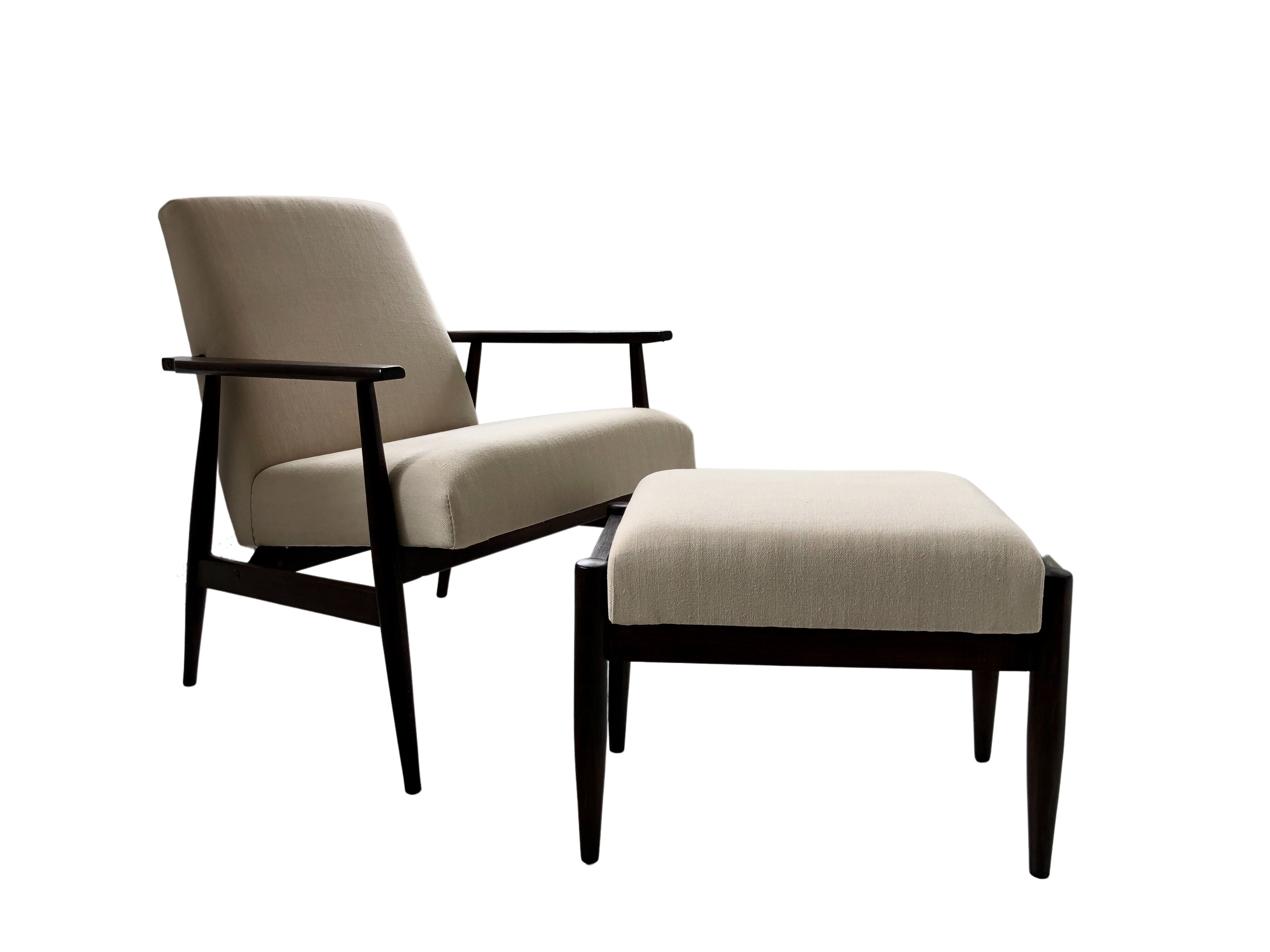 Mid-century beige linen armchair with a stool by Henryk lis, 1960s, set of 2
