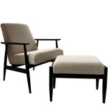 Mid-century beige linen armchair with a stool by Henryk lis, 1960s, set of 2