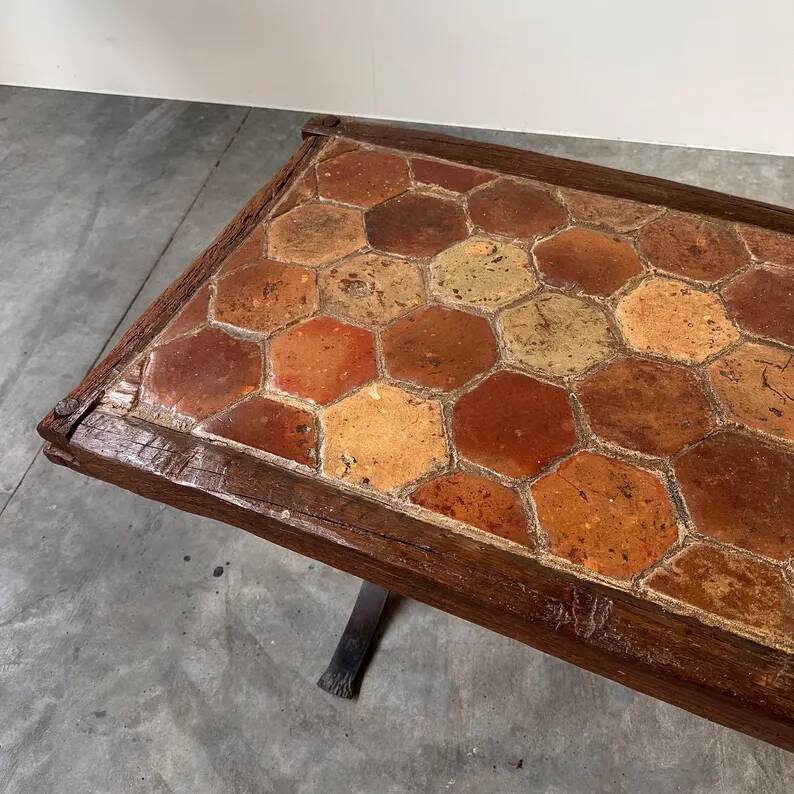 Vintage French Coffee Table in Terracotta with Oak and Iron Legs, Mid-20th Century