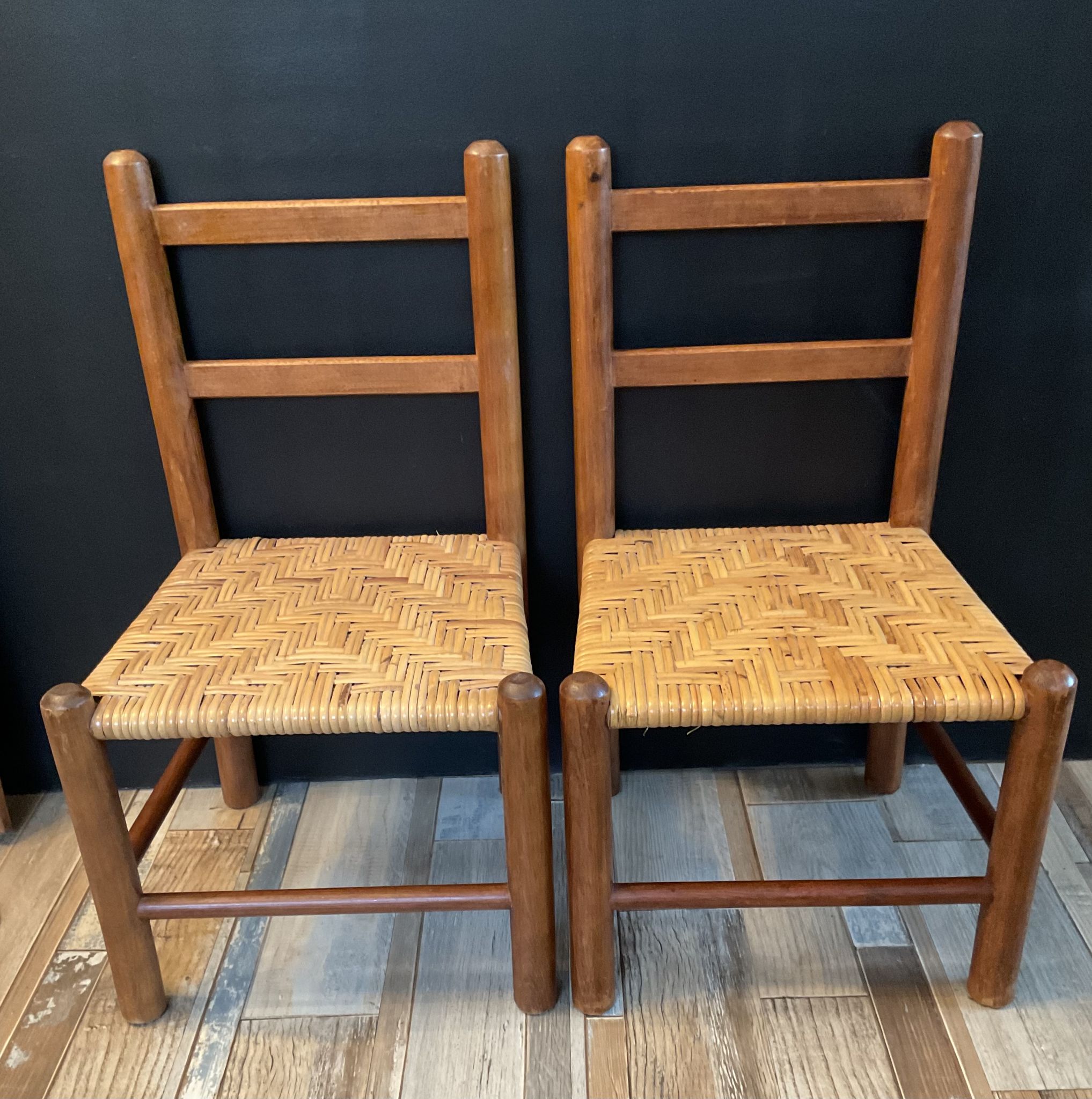 Pair of vintage children's chairs in wood and rattan
