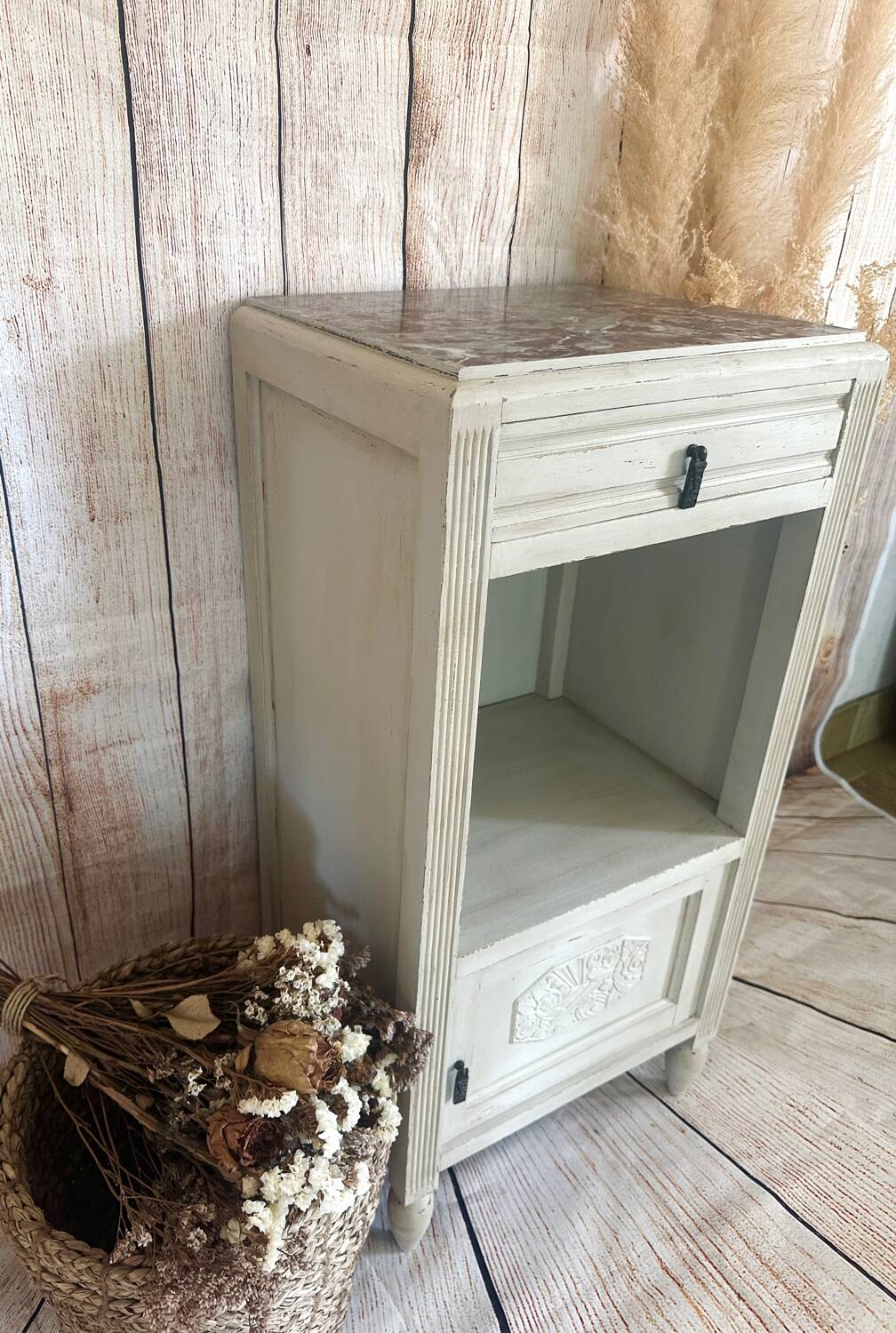 White patinated bedside table with a marble top