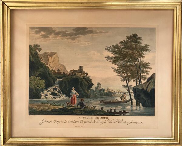 La pêche le jour.Eau-forte réhaussé
