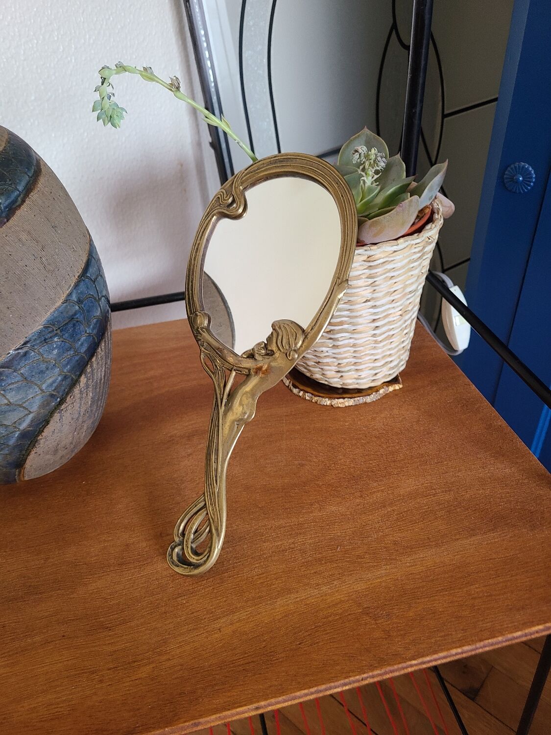 Old bronze mirror by hand, art deco woman's nude