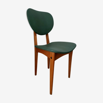 Chaise en bois et cuir vert années 50-60