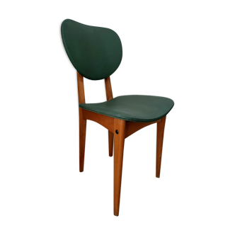 Chaise en bois et cuir vert années 50-60