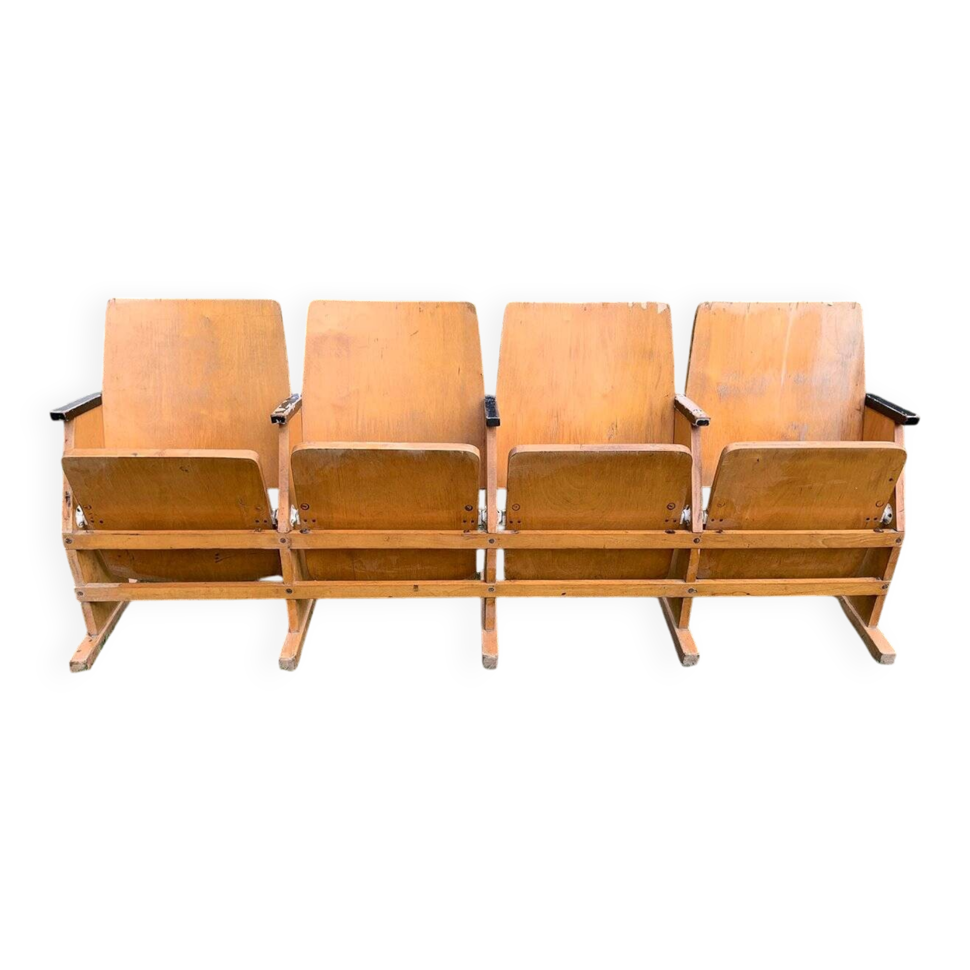 Vintage cinema bench for four people, brown varnished beech in Mid-Century style from the 1950s.