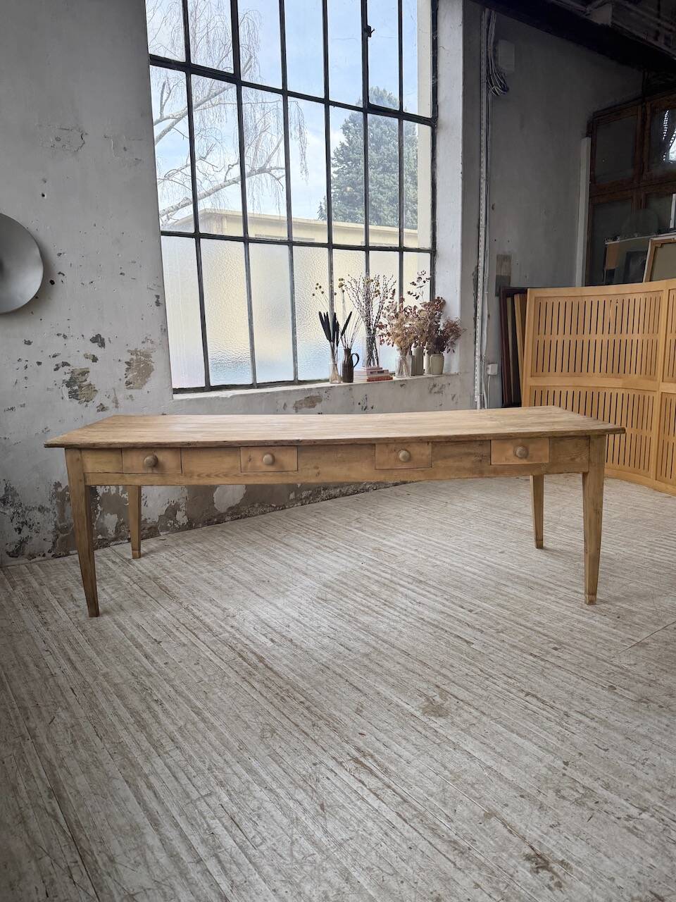Pine and oak farmhouse table with multiple drawers, communal type, 240cm.