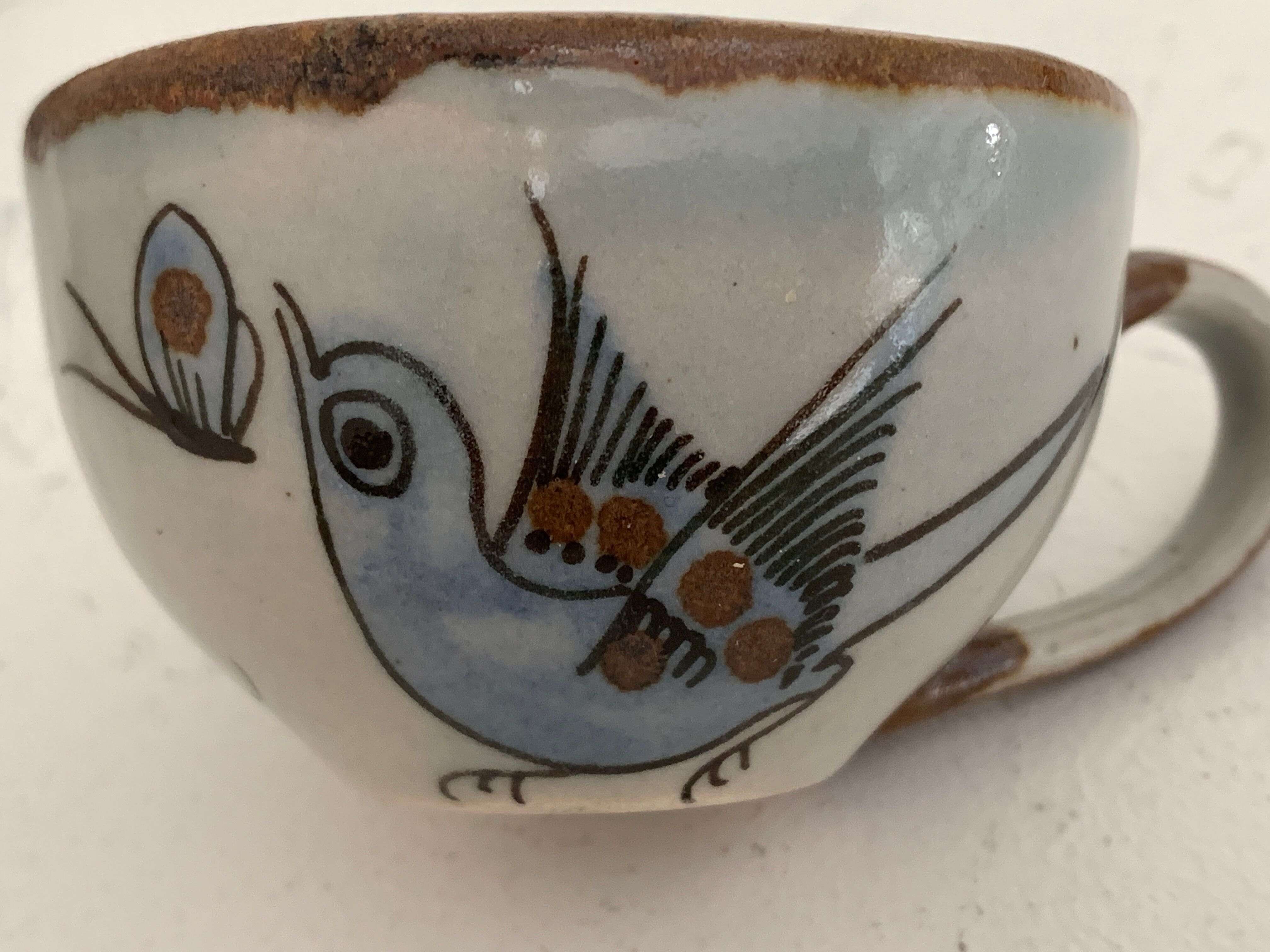 6 ceramic cups Ken Edwards, Tonala, Mexico, with sub cups and sugar