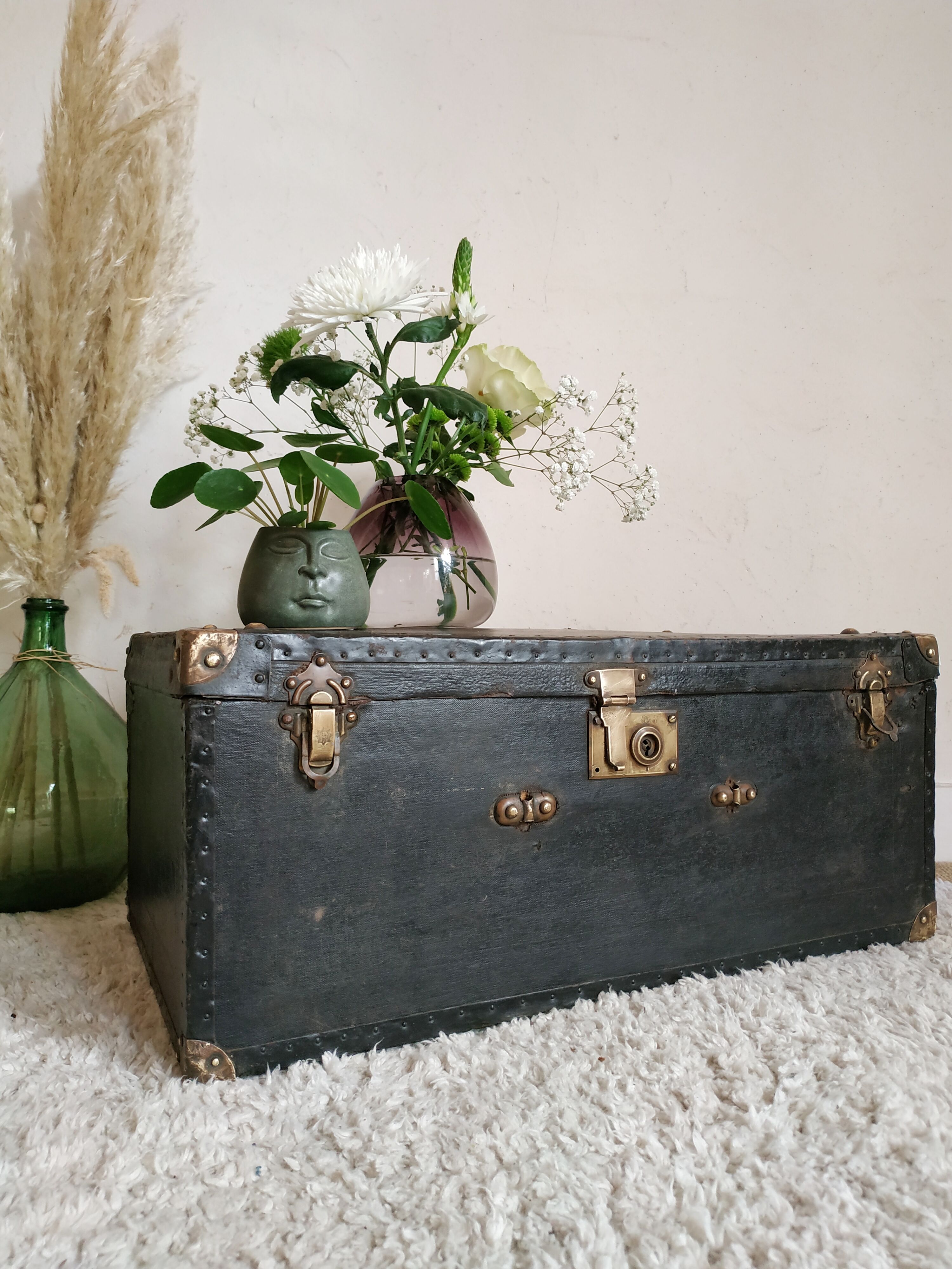 Old navy trunk, wooden chest and vintage leather