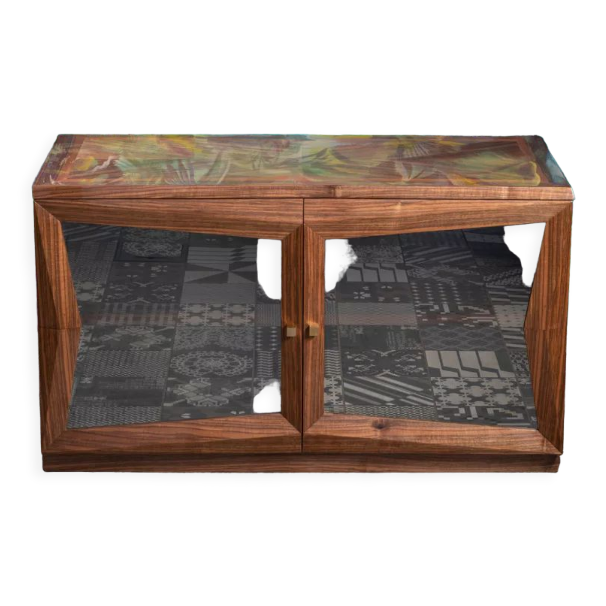 Armoire cubiste avec porte vitrée en noyer