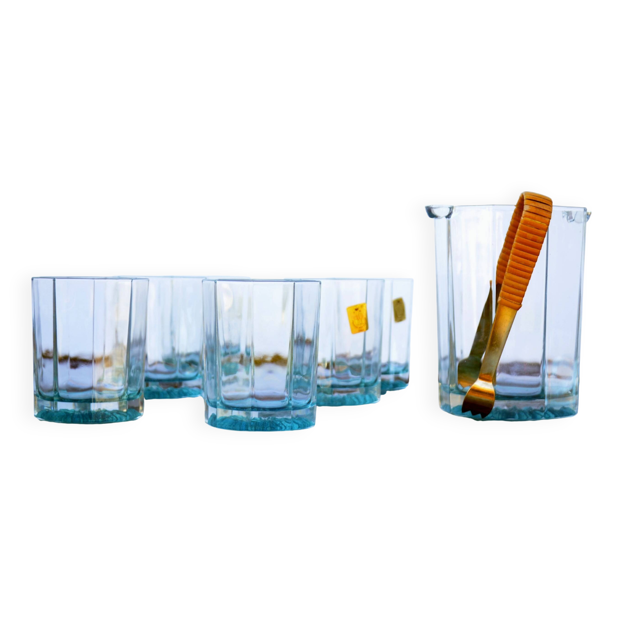 Mid Century Italy Frangar Non Flectar Whiskey Set of Blue Glasses With Ice Bucket and Fork Tongs