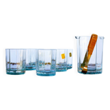Mid Century Italy Frangar Non Flectar Whiskey Set of Blue Glasses With Ice Bucket and Fork Tongs
