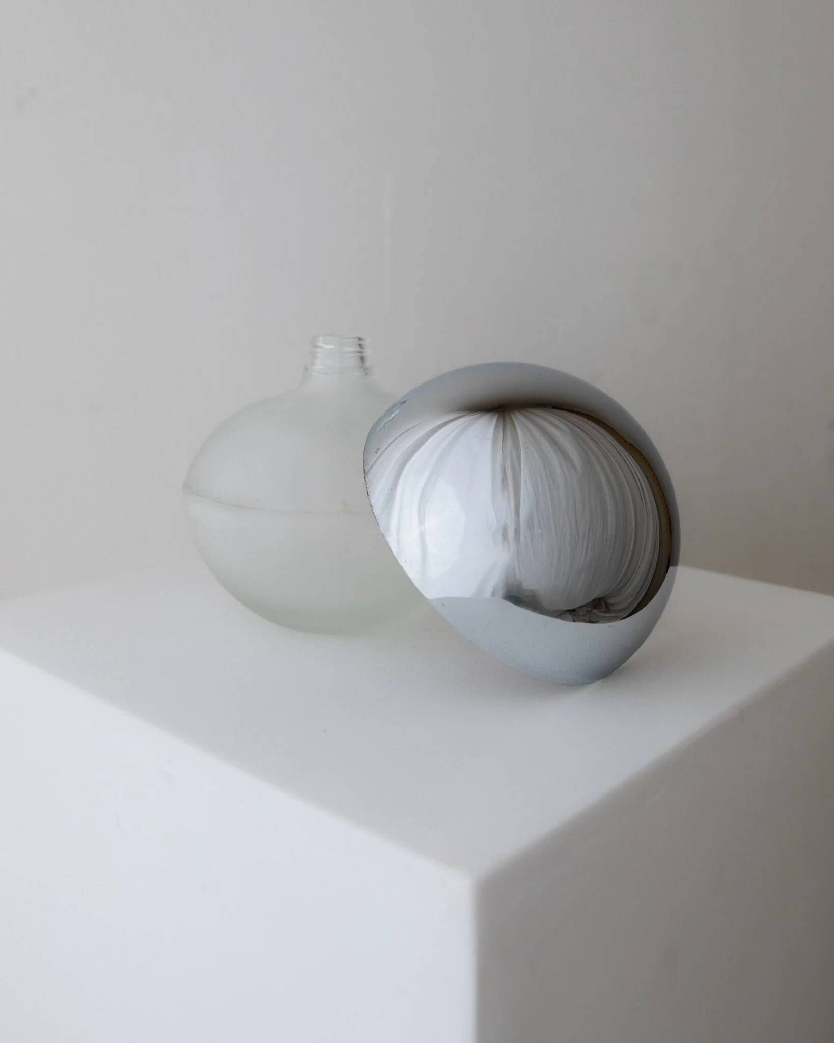 Silver chrome and frosted glass Space-Age liqueur bottle, 1980s Italy, decorative decanter