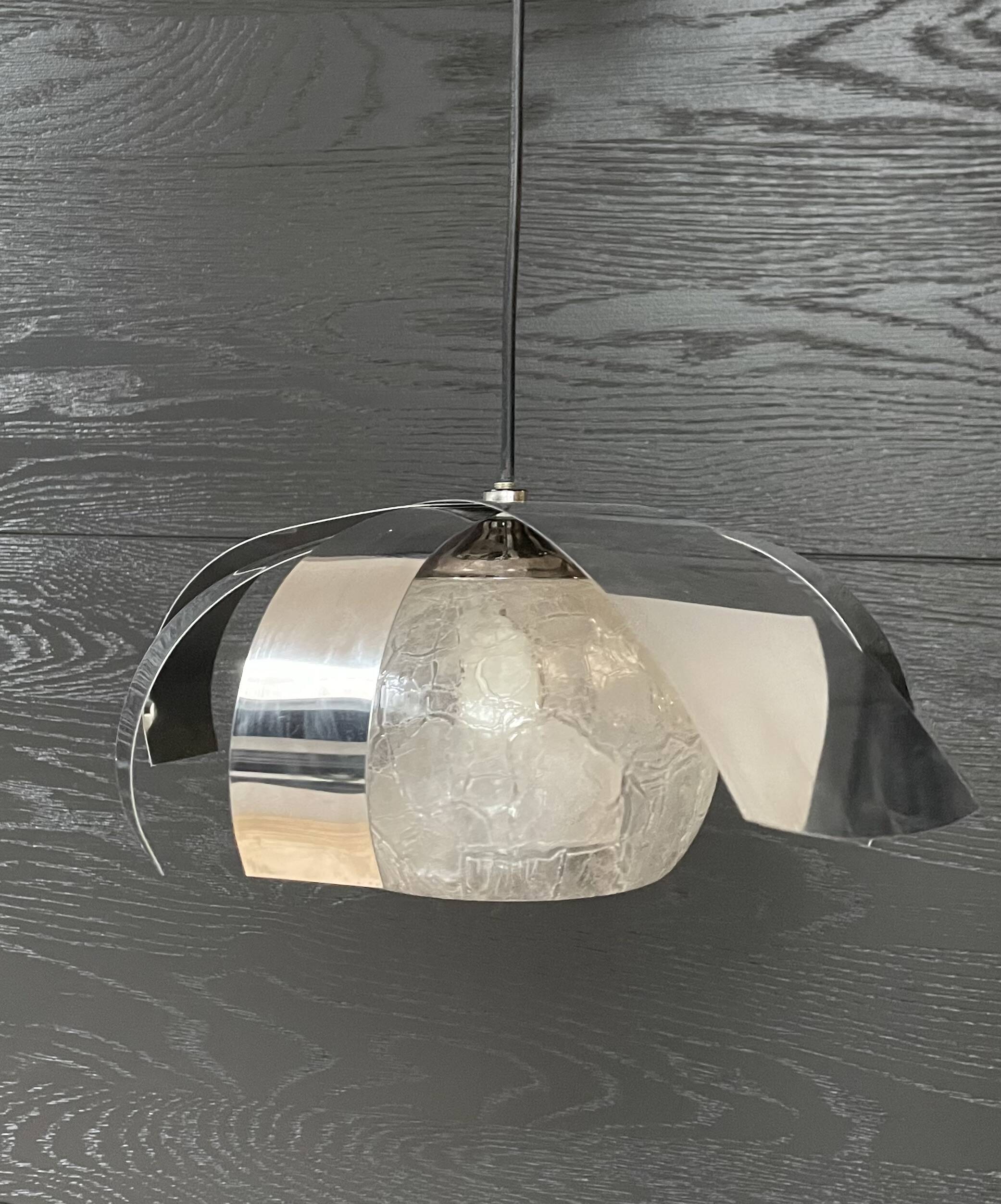 Chrome metal/glass chandelier pendant light from the 70s