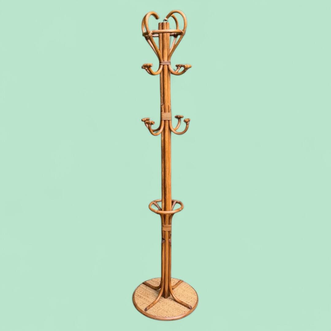 Perroquet portemanteau en rotin vintage 1970