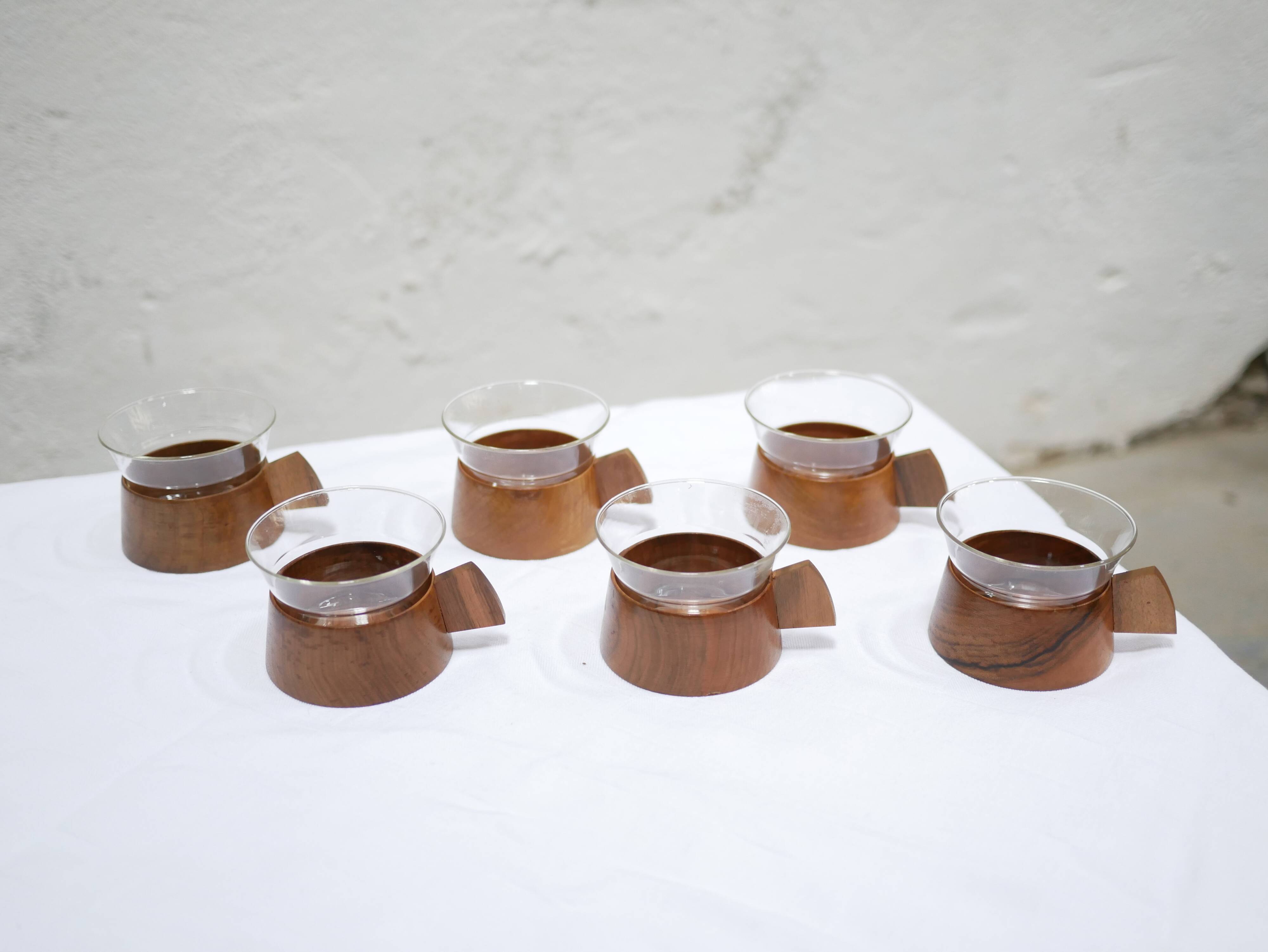 Series of 6 vintage Scandinavian cups in Schott & Gen Mainz teak and glass