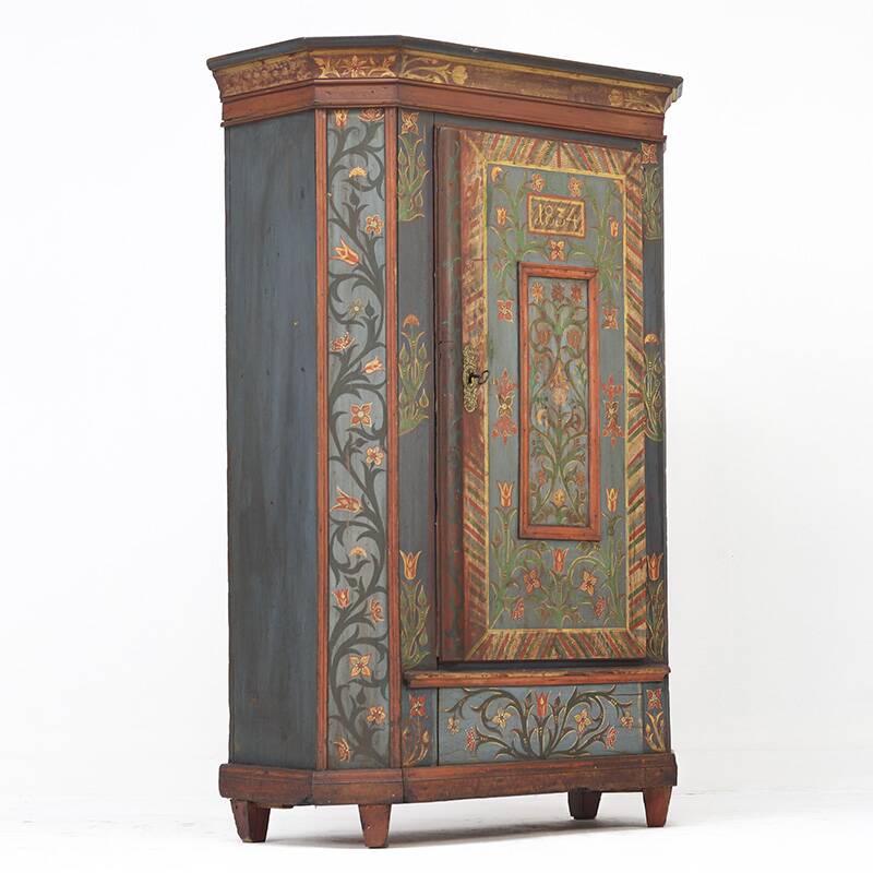 Rustic Farmhouse Folk Art Painted Bridal Cabinet 1834