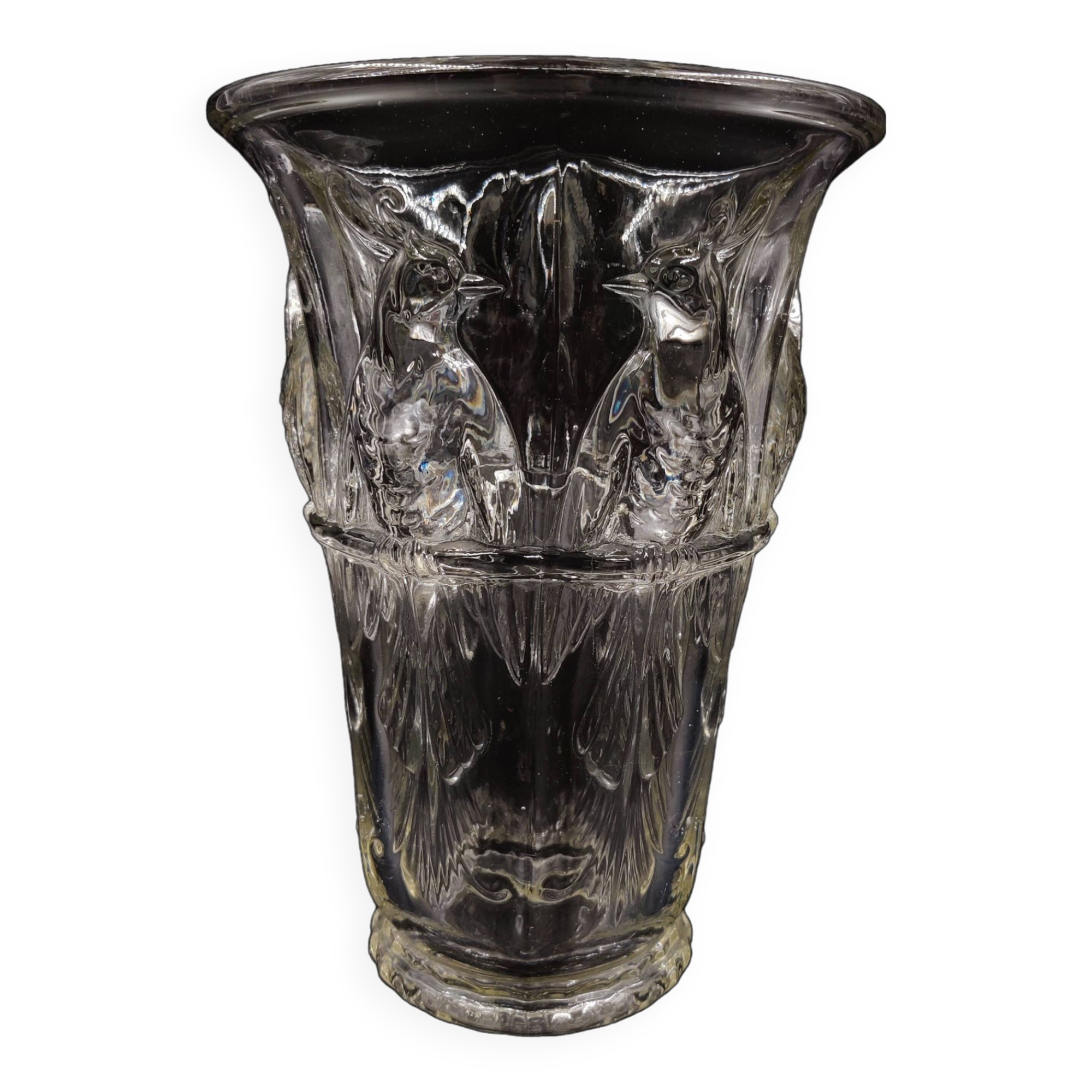 French Art Deco glass vase with cockatoo motif by Verlux