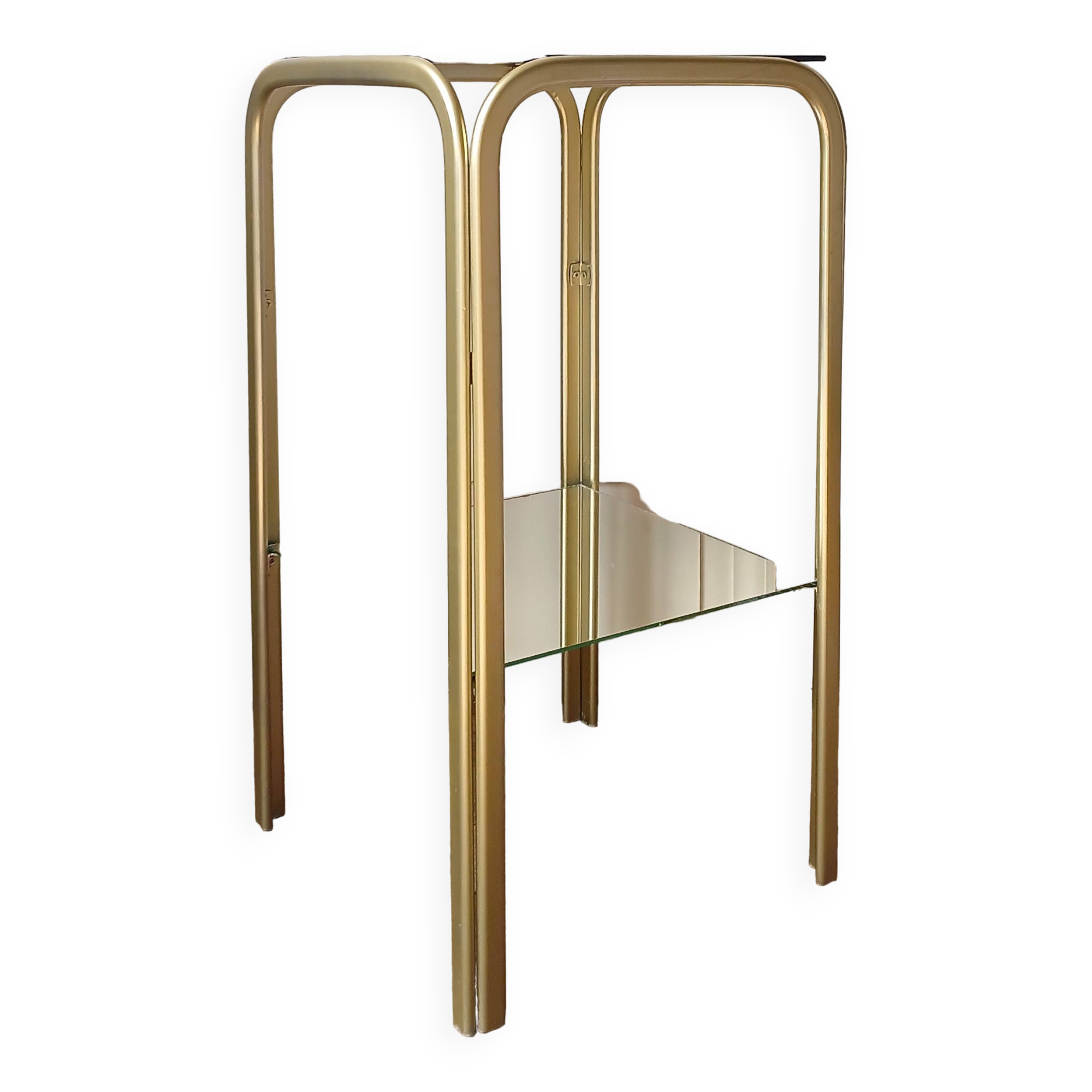 Bolster side table in gold metal, smoked glass & mirror Hollywood Regency 80's