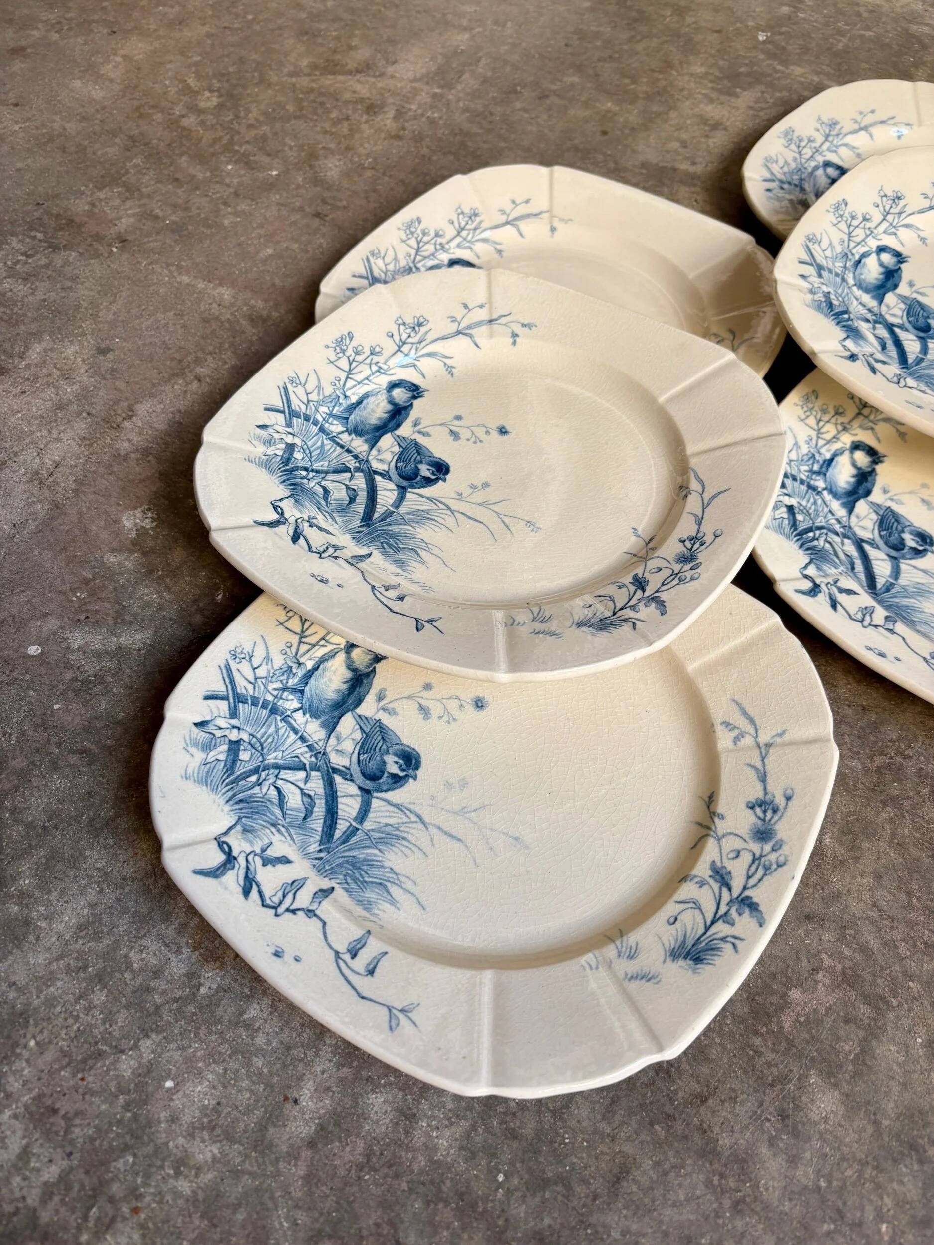 6 dessert plates Gien in blue ironstone, service "Birds" circa 1870 no. 3