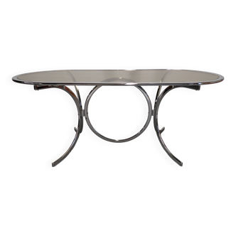 Italian oval table in chromed metal and smoked glass, 1960s-70s