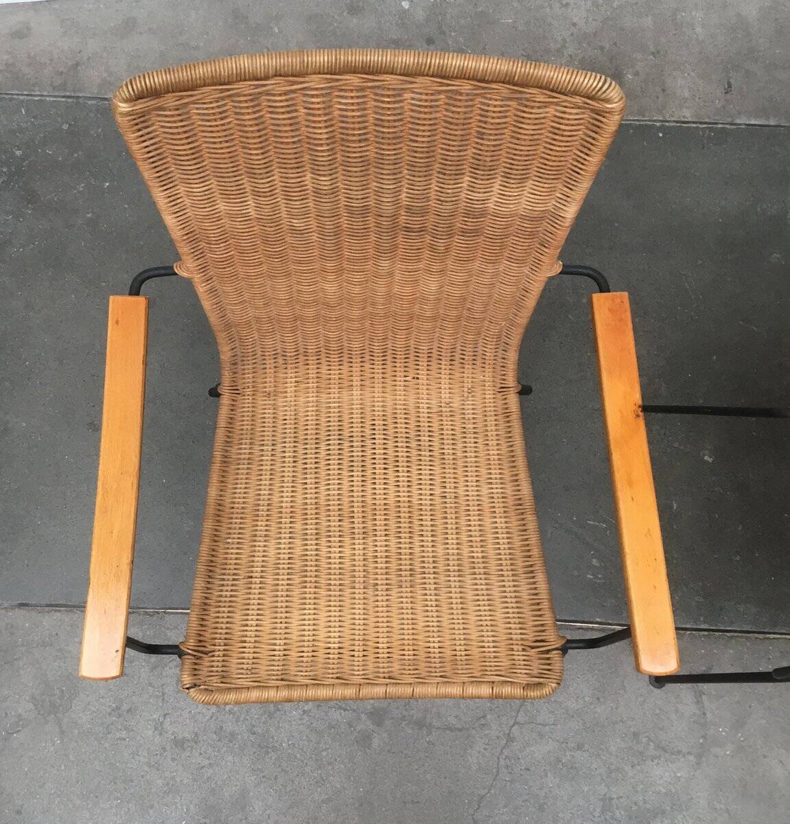Mid-century metal and rattan dining chairs, set of 3.