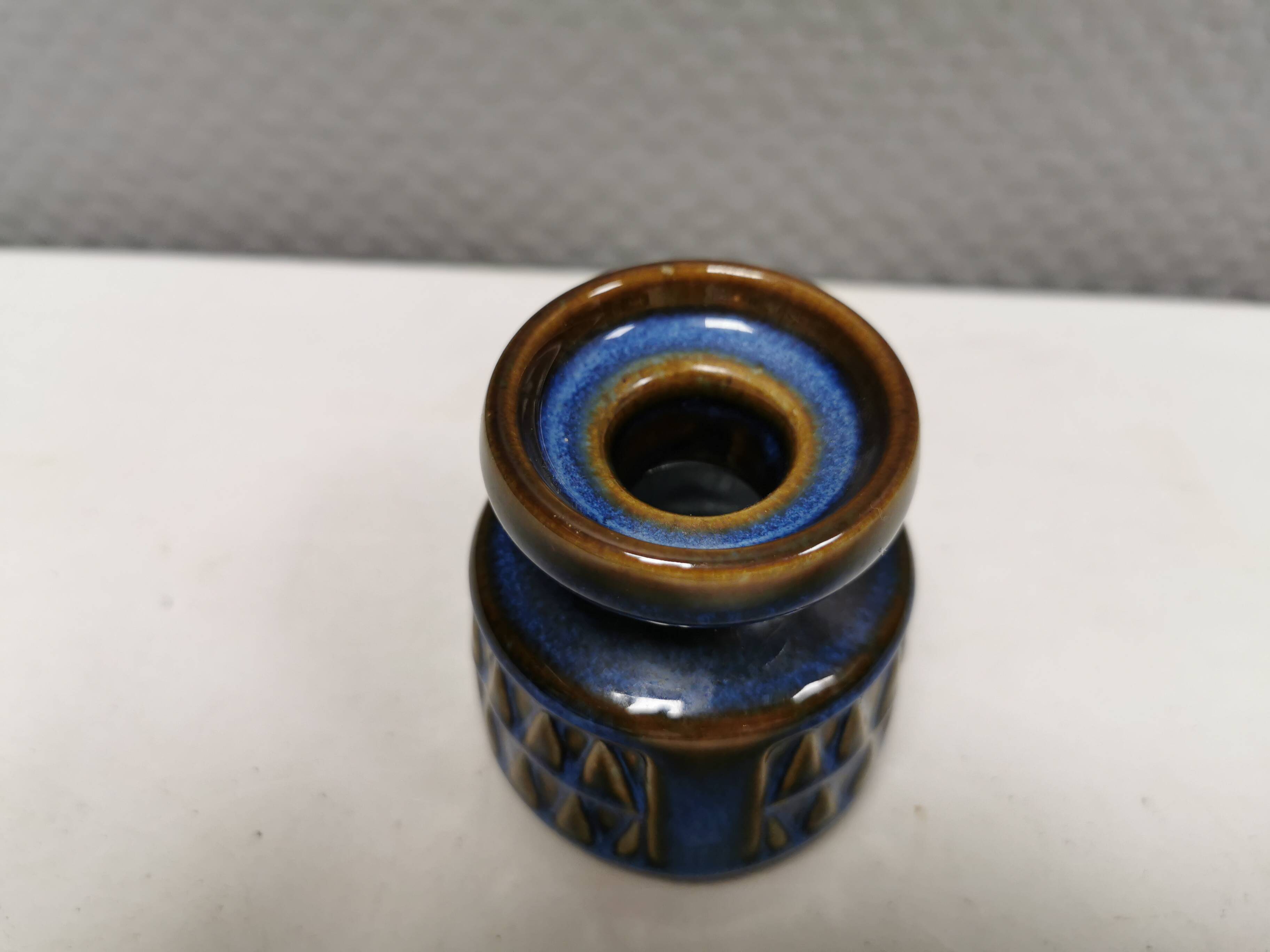 Small candle holder in blue glaze from Danish Søholm 1970s.
