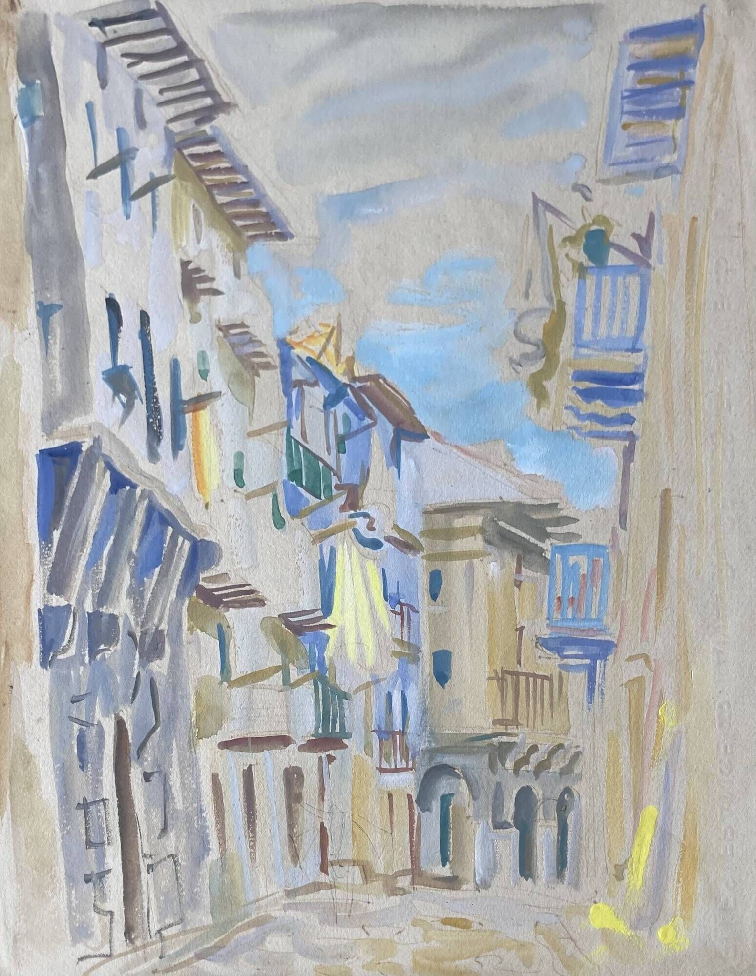 Gouache depicting a southern urban landscape with an arcaded street