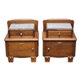 Pair of wooden nightstands, art deco style wooden bedside table, wood and marble table