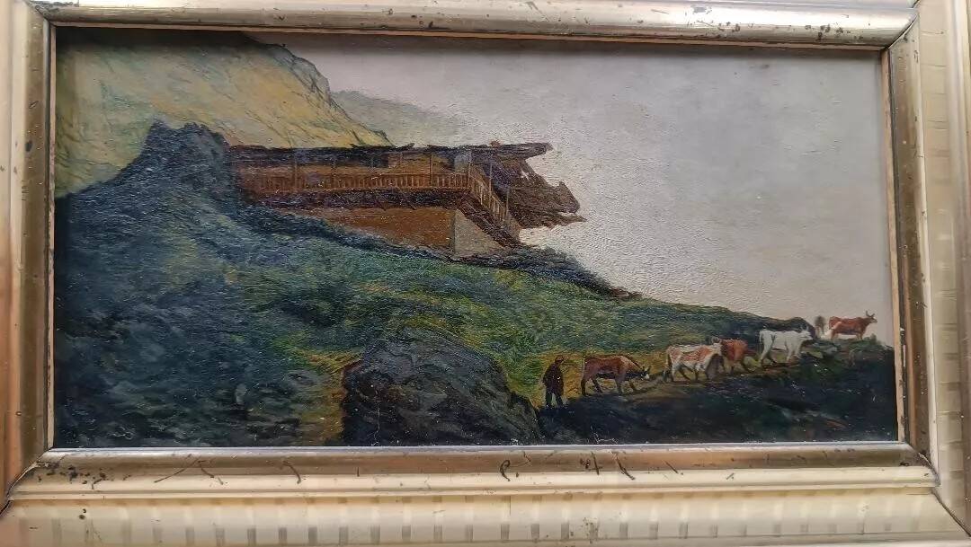 Old oil painting on cardboard mountain landscape late 19th century